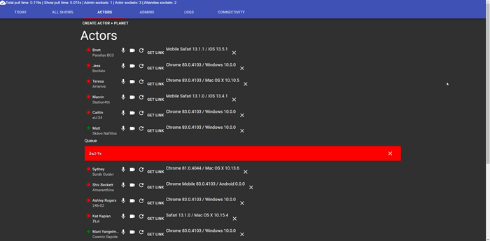 The Admin app allows us to see who's logged on and what's happening in the show